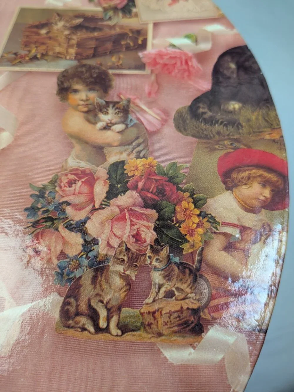 Vintage Victorian Cat Trade Card Collage Hat Box Pink Kittens Storage Case 14